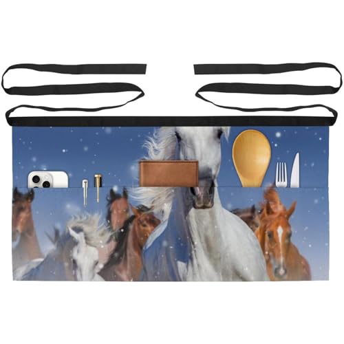 Tablier court de chef style bistrot à motif chevaux dans la neige avec 3 poches