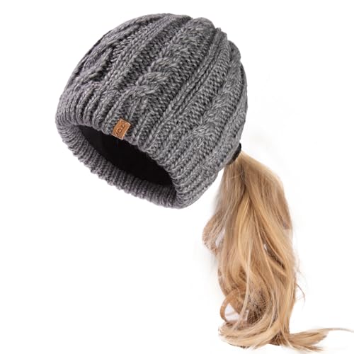 Grey Merino Wool Blend Messy Bun High Ponytail Hole Knit