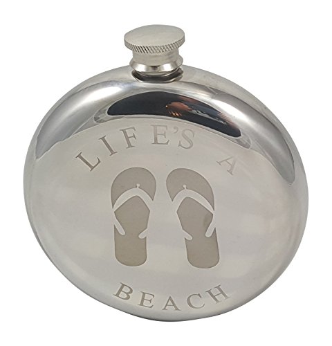 Beach Themed 10 Oz Round "Flip Flops" Flask Gift Set With Two Shot Glasses And A Funnel In A Black Gift Box #TOP2