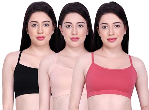 Image of INKURV Slip on Beginner's Bra for Girls, Non Padded, Non Wired, No Hooks with Double Layered Fabric, Adjustable Straps, Wirefree Sports Bra- Lisa Combo of 3 (Black Peach Rust 30B)