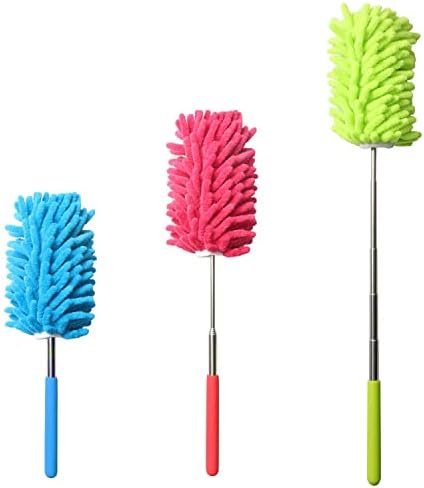 Extendable Microfibre Dusters Set of 3 Cleaning Feather Duster Washable Duster Brush Head Extending Pole Microfiber Duster Telescopic Long Handles Fluffy Rotating Dusting Cleaner Home Office Brush