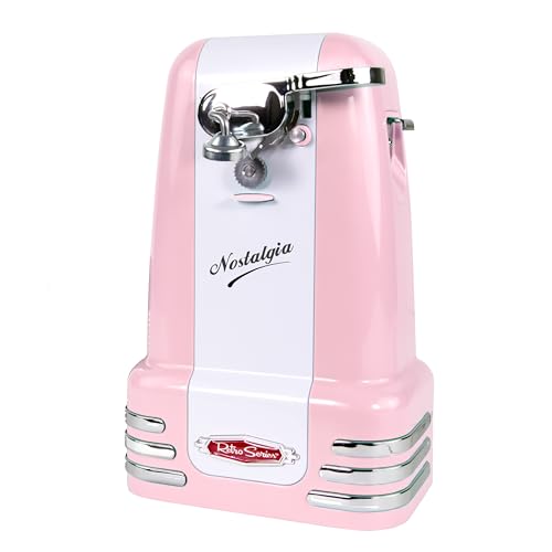 Image of Nostalgia Retro Electric Can Opener for Kitchen with Magnetic Lid Remover, Knife Sharpener, and Soda or Beer Bottle Opener, Pink