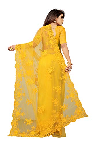 BARKIYA CREATION Women's Embroidered Work Net Saree With Unstitch Blouse Piece.