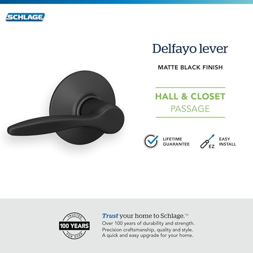 Image of Schlage Delfayo Hall /Closet Passage Door Handle, Reversible, Matte Black | Hall or closet lever door handle with no lock, Easy to install, Certified durability, Universal fit