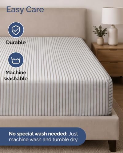 Image of Extra Deep Flex Top Split Head King Fitted Sheet - Hotel Luxury Single Fitted Sheet Only - Easily Fits 18 inch to 24 inch Mattress - Ultra Soft, Wrinkle Free w /Extra Deep Pockets - Beige Stripes 2