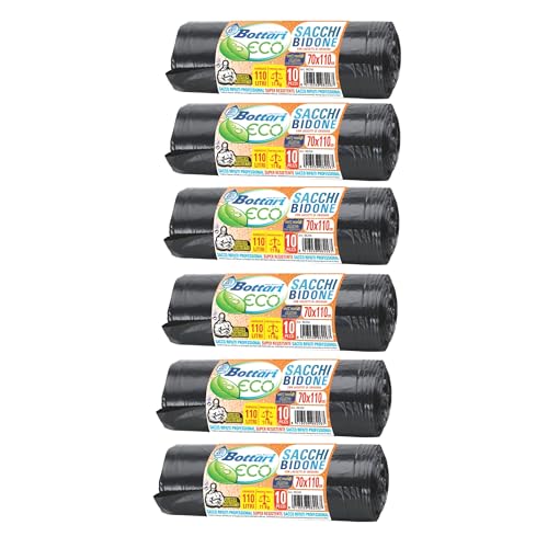 Bottari 60 bolsas de basura de 110 l, 70 x 110 cm, con cordones de cierre, color negro, bolsas para basura resistentes y recicladas, 6 rollos de 10 unidades