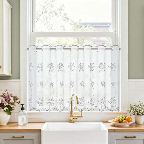 TOPICK Scheibengardine Küche lichtdurchlässig Bistrogardine Wohnzimmer modern Küchengardinen Gardine Schals Fensterschal Kurzgardine für Küche Küchenfenster Landhausstil