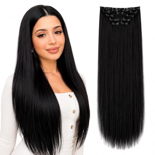 Image of Salon-Grade Clip-in Hair Extensions for Women, Imported Synthetic Hair, 6 PCS with 13 Secure Clips, Instant Volume, Natural Blend, Reusable Hair Volumizer (Black, Straight)