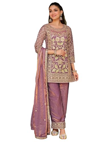 INDO ERA Women's Lavender Silk Blend Embroidered Straight Kurta & Pant with Dupatta Set