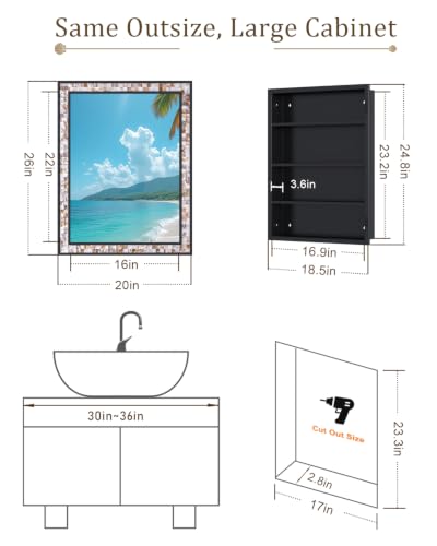 Image of 20x26 Inch Natural Shell Inlay Black Medicine Cabinet with Mirror, Bathroom Shatterproof Mirror with Storage, Reversible Installation Wall Mount or Recessed, Large Space 3 Shelves and 1 Organizer