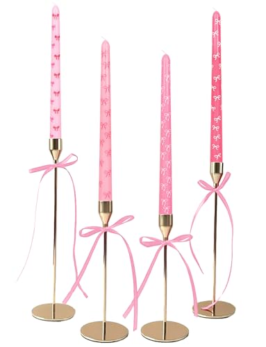FYSUIMU 8 Pcs 10 Inch Pink Bow Taper Candles Gradient Pink Bowknot Wax Taper Candles Coquette Long Unscented Candle Sticks for Mother's Day Wedding Birthday Baby Shower Bachelorette Party