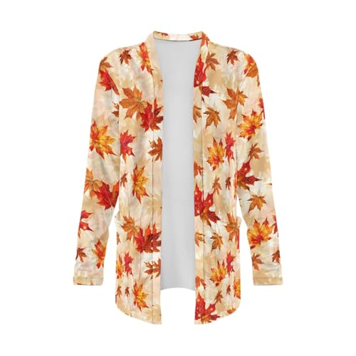 Image of Fall Maple Leaf Cardigan Sweaters for Women Long Sleeve Cardigan Soft Drape Open Front Dusters V-Neck Jackets Dressy