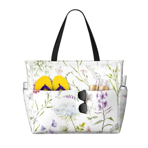 Sac de plage fleurs sauvages aquarelles grand format cabas d'été fourre-tout pour femme