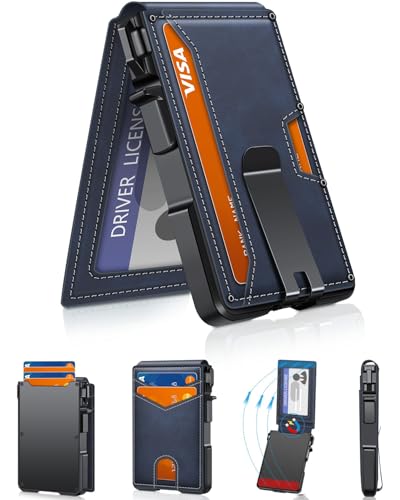 Wallet for Men, Mens Minimalist Wallet 9-13 Cards, Slim Compact Wallet with Money Clip & ID Window, RFID Blocking Smart Pop Up Card Wallet, Metal Aluminum Credit Card Holder Leather Bifold Wallet