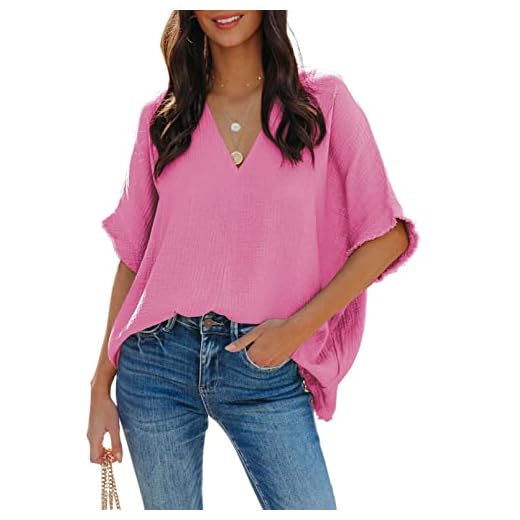 Dokotoo Summer V Neck Blouse - Women's Frayed Batwing Sleeve Comfy Textured Oversized Tunic Top (Pink, L)