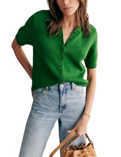 Bianstore Women's Casual Short Sleeve Crewneck Button Down Cardigan Sweater Crochet Knit Top