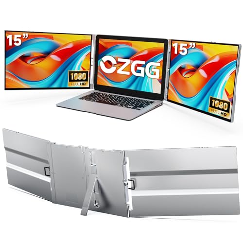CZGG 15'' Portable Laptop Screen Extender - Triple Monitor Setup, Dual 1080P FHD Displays, Aluminum Travel Monitor Multi Screen Attachment for 13.3-16.5'' Laptop with USB-C HDMI