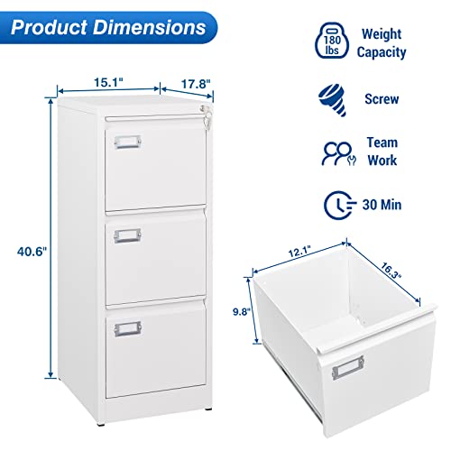Heycode 3 Drawers File Cabinet With Lock, Vertical Filing Cabinets For Home Office, Metal Office Locking File Stoage Cabinet, Small Filing Cabinet Organizer For Hanging Legal/A4 (White, 3 Drawers) #TOP5