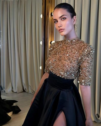 Fair Lady Sequin Prom Dresses for Women 2025 Sparkly Half Sleeves High Neck A Line Satin Formal Evening Ball Gowns with Slit - Image 4