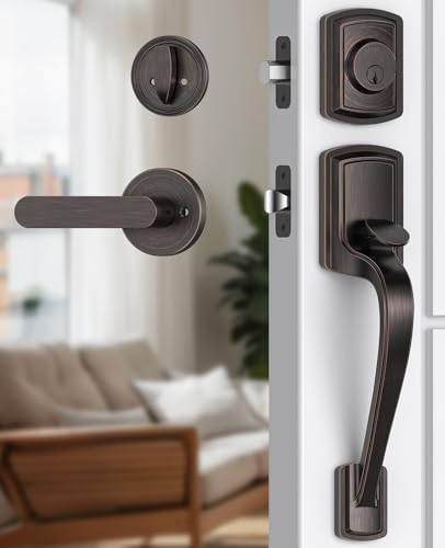 Image of Front Door Handle and Deadbolt Set for Right & Left, Front Door Lock Set with Single Cylinder Deadbolt, Entry Doors Locksets with Modern Exterior Handle, Reversible Lever, Oil Rubbed Bronze