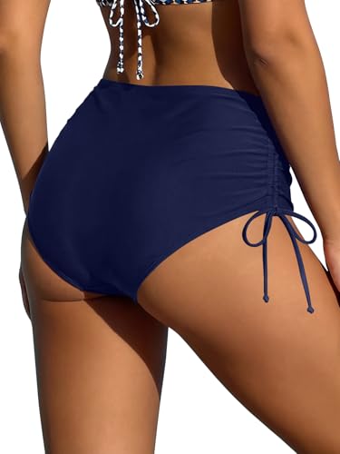 Bas de bikini taille haute froncé avec contrôle du ventre et nœuds réglables