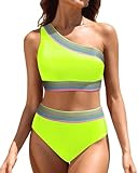 Women Neon Yellow High Waisted Bikini Set - One Shoulder Two Piece Swimsuits Color Block Bathing Suits with Swimwear Bottom L