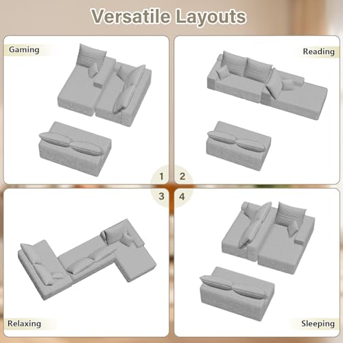 Image of 166.9 inch Cloud Sectional Couch with L-Shape Chaise, Upholstered Corduroy Couches Sleeper with Deep Seat, Modern Modular Comfy Sofa Chaise Longue for Living Room Bedroom, No Assembly Required, Grey