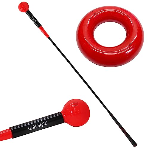 GolfStyle ゴルフ練習器具 スイングトレーナー ウエイトアップ セット 重り 140g ウエイトリング ゴルフ トレーニング器具 スイング練習 室内 屋外 素振り 飛距離 グリップ 120cmサイズ (レッド/レッド)