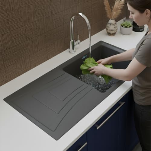 Image of ARQUIN Quartz Kitchen Sink with Drainboard 36x18x9 Inch Grey Granite sink for kitchen basin, UV Protected, Undermount | Topmount Noise Reducing