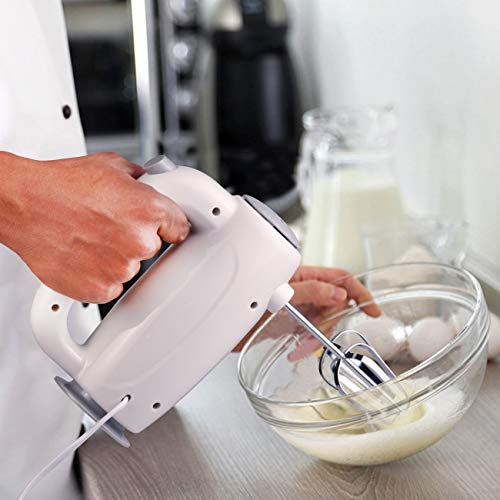 Image of iBELL Hand Mixer 300W, Beater /Blender /Electric Cream Maker for Cakes with Base, 5 Speed Control and 2 stainless Steel Beaters, 2 Dough Hooks (White)