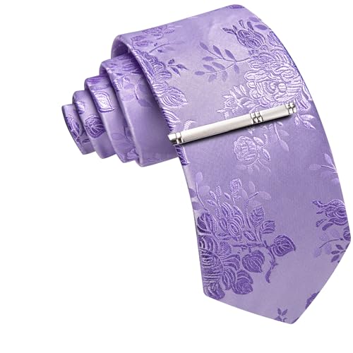 Image of Barry.Wang Mens Ties Silk Solid Color Lavender Floral Woven Neckties and Tie Clip Set Casual Formal Wedding Business