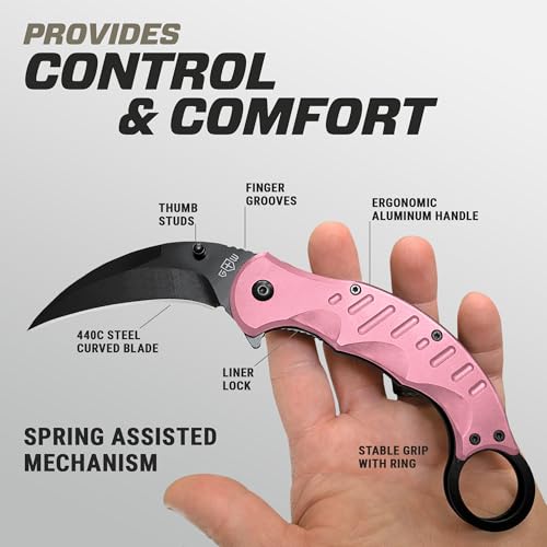 Image of GOOD WORKER Pink Karambit Folding Knife - SharpTiger Claw Blade with Liner Lock and Aluminum Handle - Best Pocket Knives for Military Hunting Camping EDC for Men - Gifts for Women X-42 P
