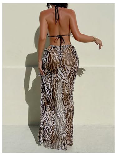 Women's 3 Piece Leopard Print String Bikini Set High Cut Halter Triangle Swimsuits with Coverup Skirts3
