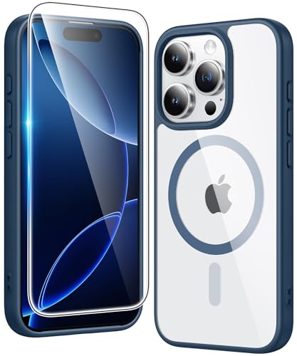 Image of FNTCASE for iPhone 16 Pro-Max Case: Clear Magnetic Phone Cases with Screen Protector Compatible with Magsafe Slim Anti Yellowing Rugged Shockproof Protective Transparent Cell Phone Cover (B-Blue)