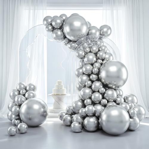 Image of RUBFAC Silver Balloons 129pcs Different Sizes 18 12 10 5 Inches Metallic Balloon Garland Arch Kit Disco Ball for Birthday Party Graduation Wedding Holiday Decoration