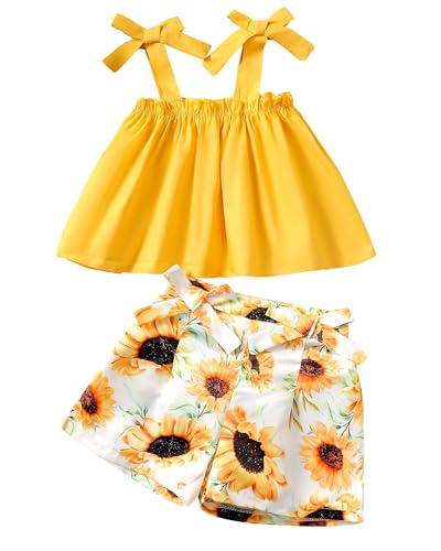 Kucnuzki Girls Clothes 3T 4T Girl Clothes Yellow Halter Crop Top Sleeveless Ruffle Shirt Cute Shorts Set Toddler Girl Clothes Baby Girl Summer Clothes