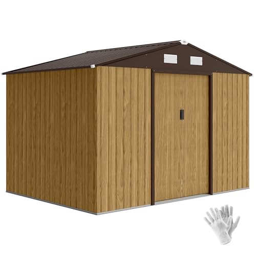 Outsunny Caseta de Jardín Exterior 4,9 m², 277x195x192 cm, Cobertizo de Jardín Exterior Metálico con Puerta Corredera, Ventilación y Kit de Fundación, para Almacenamiento de Herramientas, Marrón Claro