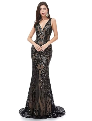 Women's V Neck Sparkly Sequins Prom Dress A Line Tulle Dresses Long Ball Gown Engagement Celebrity Pageant Evening Gowns