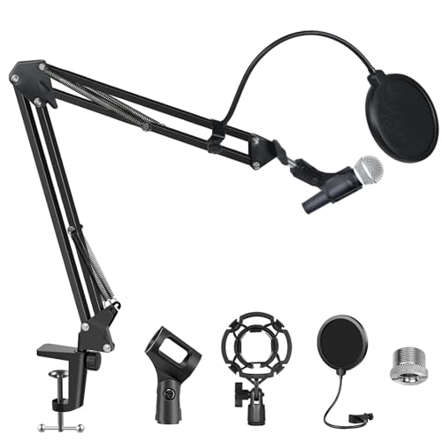 Microphone Stand for Blue Yeti, Mic Arm Suspension Scissor Boom Arm for HyperX QuadCast with Extra-large Pop Filter and 2 Mic Clips for Singing, Podcast, Streaming, Gaming, Home Office