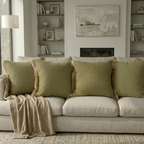 Image of Cotton Cushion Covers 16x16 Inch | Handwoven Olive Green Decorative Square Cushion Case with Fringe | Sofa, Living Room, Bedroom, Diwan Home Decor Throw Cushion Cover