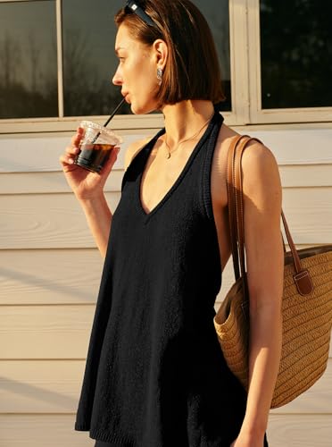 Panadila Womens Summer Two Piece Sets Beach Vacation Outfits Halter Neck Tank Top and Shorts Set Knit Lounge Clothes2