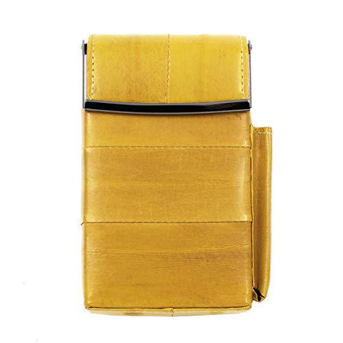 Automatic Rising Genuine Eel Skin Leather Sliding Cigarette Case with Lighter Holder (Yellow)