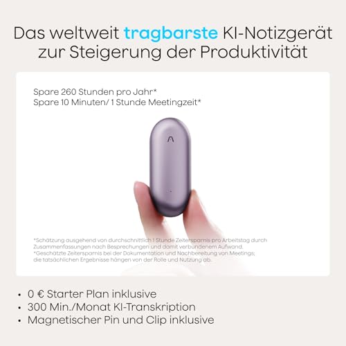 Plaud NotePin Sprachrekorder, KI-Sprachrekorder, App-Steuerung, KI-Notizgerät, KI-Transkription & Zusammenfassung, 112 Sprachen, 64GB, Audiorekorder für Vorlesungen, Meetings, Sonnenuntergangs-Violett