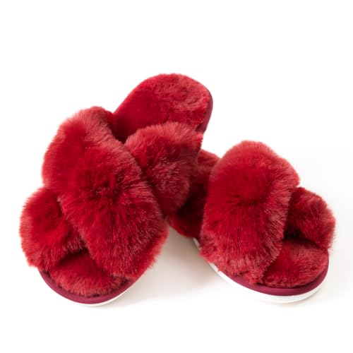 Image of Women's Cross Band Fuzzy Slippers Fluffy Open Toe House Slippers