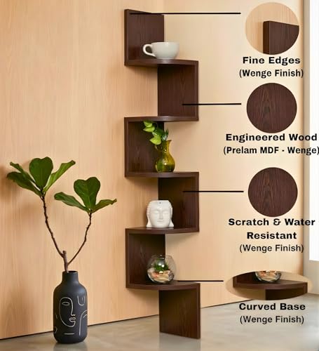 Image of 5-Tier Zigzag Corner Wall Mount Shelf, Modern Wooden Floating Corner Shelf, Space Saving Wall Storage for Living Room, Bedroom, Office, Books, Plants, Decor (Brown, 5)