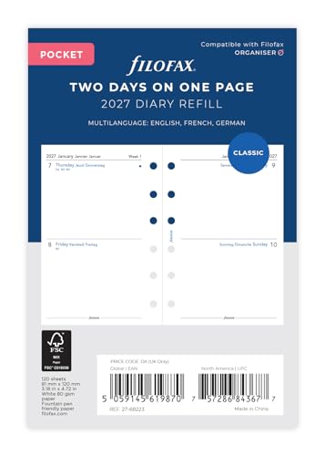 Agenda de bolsillo Filofax 2027 trilingüe de dos días por página modelo 27-68223