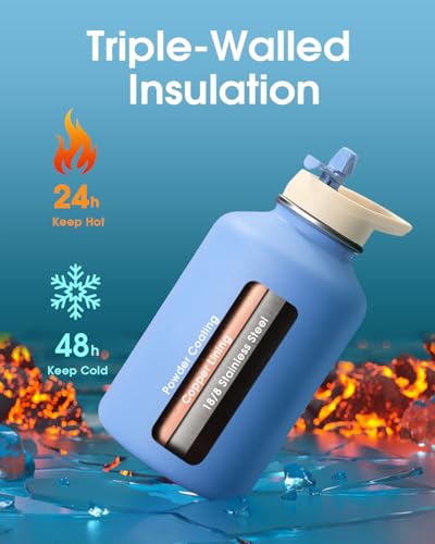Image of Coolflask 64 oz Water Bottle Insulated with PU Leather Sleeve & 3 Lids