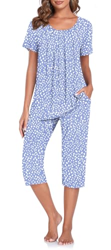 TAOHUADAO Women's Pajamas Set with 2 Pockets Capri Pants with Short Sleeve Top Ladies Sleepwear