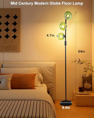 Image of Lightdot Dimmable Floor Lamp for Living Room with 3 Green Glass Globe Shade, Black Standing Lamps with Bulbs Included, Mid Century Modern Floor Lamp with 5Lbs Heavy Base for Living Room /Sofa Beside