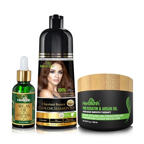 Herbishh After Color Shampoo Combo Contains Hair Color Shampoo Hair Dye 500ml Argan Oil Pro Keratin And Argan Hair Mask For Hair Straightening, Shine and Protection For Men And Women (Chestnut Brown)